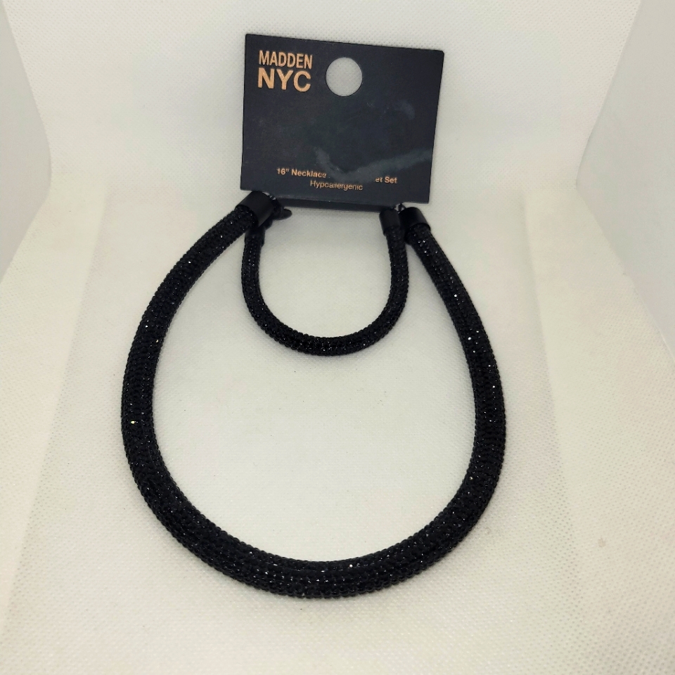 Madden Nyc Women's Black Pav Rope Necklace And Bracelet 2piece Set Rhinestone